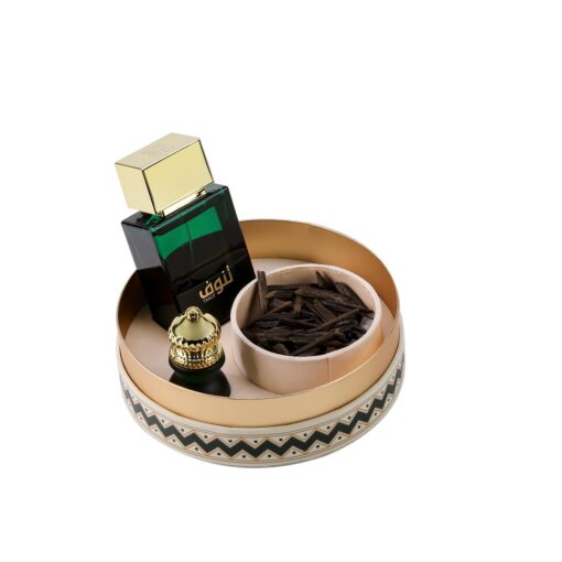 Shamekh Gift Set by Ahmed Al Maghribi featuring Tanuf perfume, Tanuf oil, and Oud Arian Tiger in elegant packaging.