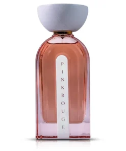 A luxurious 100ml bottle of Pink Rouge Extrait De Parfum by Ahmed Al Maghribi against a clean, elegant background. The bottle is designed with sleek lines and a touch of rose-colored glass, reflecting the fragrance's name.
