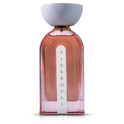 A luxurious 100ml bottle of Pink Rouge Extrait De Parfum by Ahmed Al Maghribi against a clean, elegant background. The bottle is designed with sleek lines and a touch of rose-colored glass, reflecting the fragrance's name.
